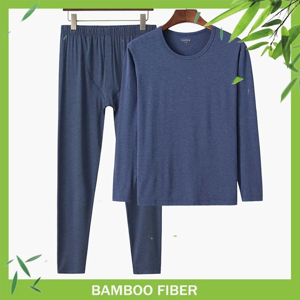 

Comfort Soft 95% Bamboo Fiber Sleepwear For Sleeping Men Winter Pajama Long Sleeve Top And Trousers Set Solid Thermal Undershirt