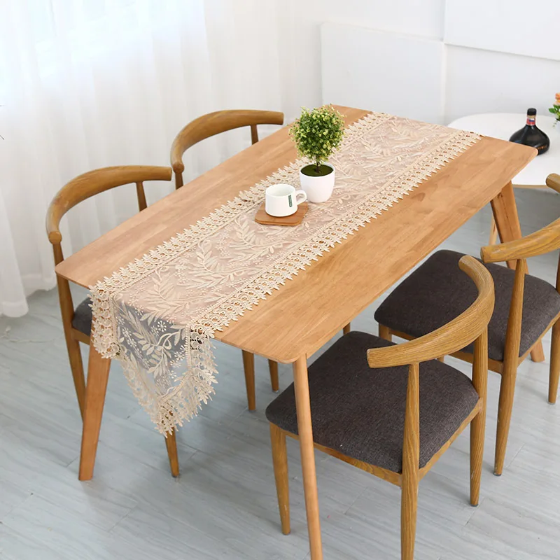 

Pastoral Style Solid Color Lace Table Runner Exquisite Willow Leaf Embroidery Print Table Cover Towel Home Decor Table Runners