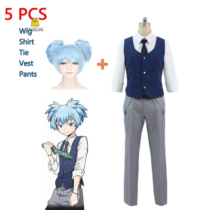 

Anime Assassination Classroom Shiota Nagisa Cosplay Costume School Boy Uniform Blue Wig Tie Vest Halloween Christmas Party Suit