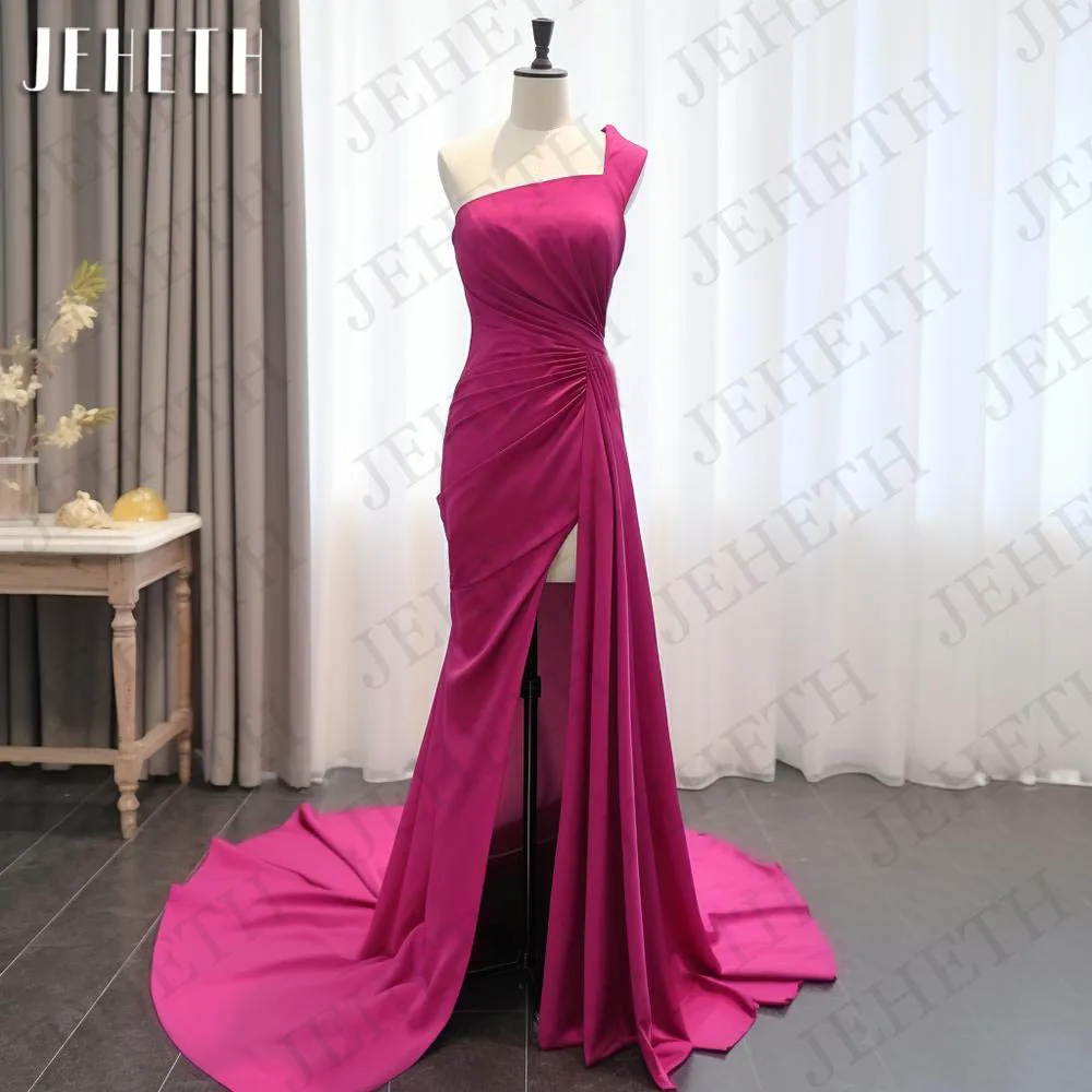 

JEHETH Fuchsia Mermaid Evening Dresses Sexy Split вечернее платье One Shoulder Satin Pleats Prom Party Gown Arabic فساتين سهرة