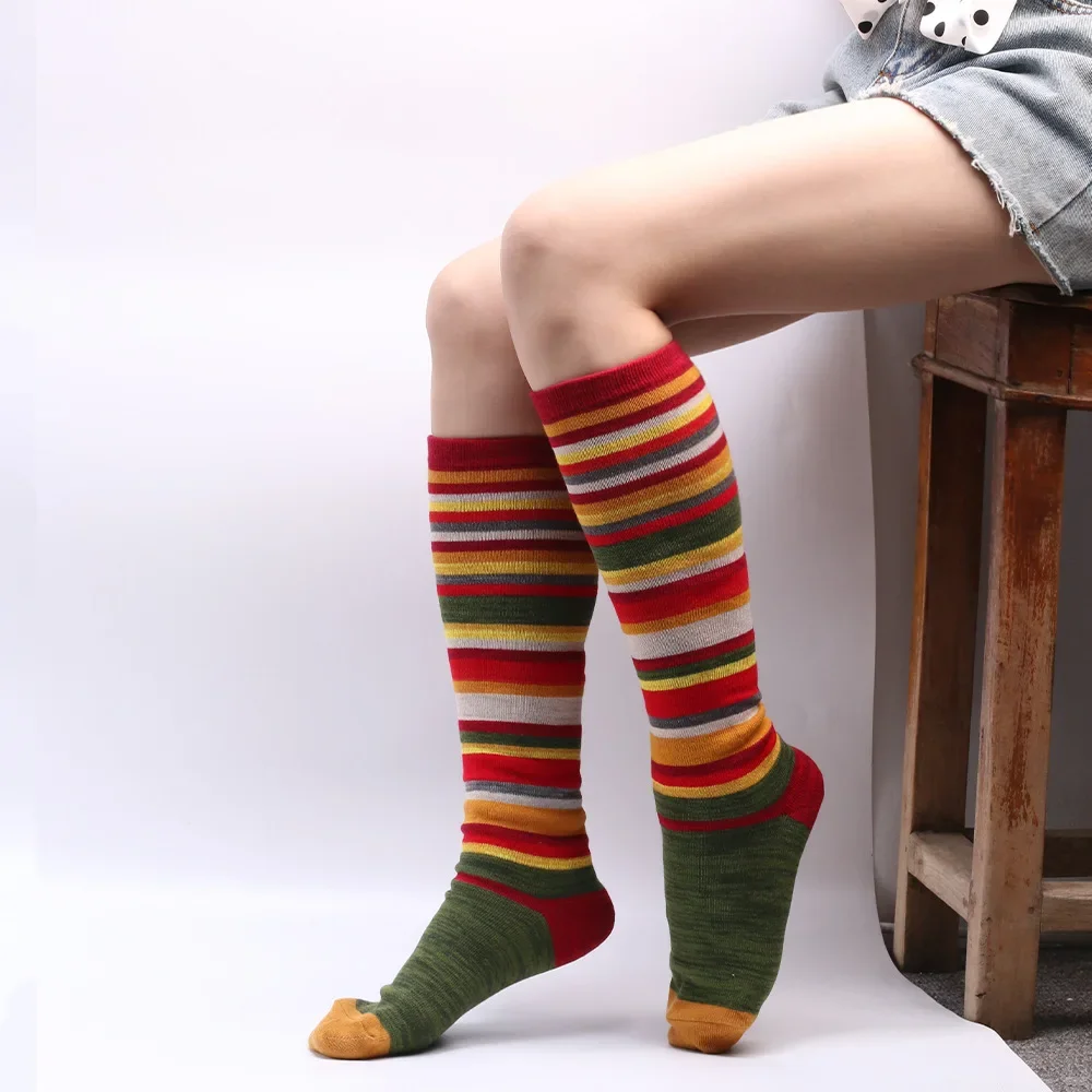 

Colorful Stripes Stockings Women's Cotton Socks Cute Winter Warm High Tube Long Leggings Casual Halloween Christmas Knee Socks