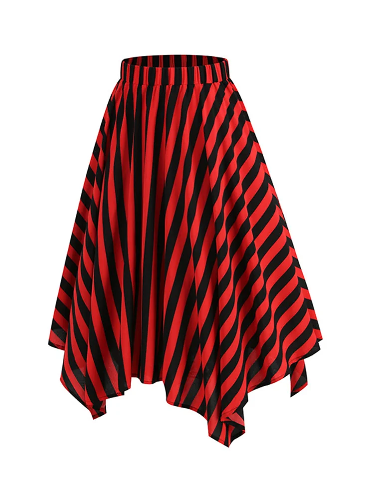 

2023 New Vintage Red and Black Stripes Elastic Waist Gothic Club Clothes Halloween Women Raw Hem Vintage Style A-Line Midi Skirt