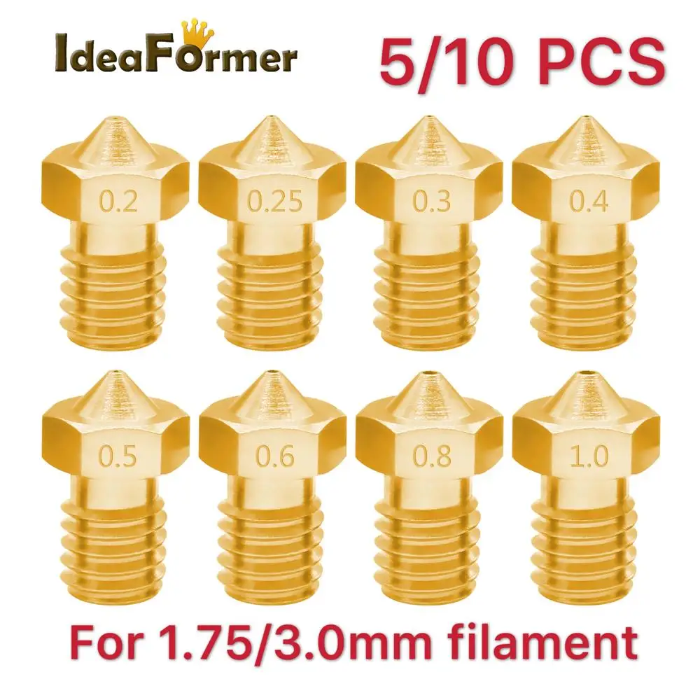  5/10pcs 3D Printer V6 M6 Threaded Brass Nozzle 0.2/0.25 0.3/0.4/0.5/0.6/1.0mm for 1.75/3.0mm Filament E3D V5 V6 Hotend Extruder 