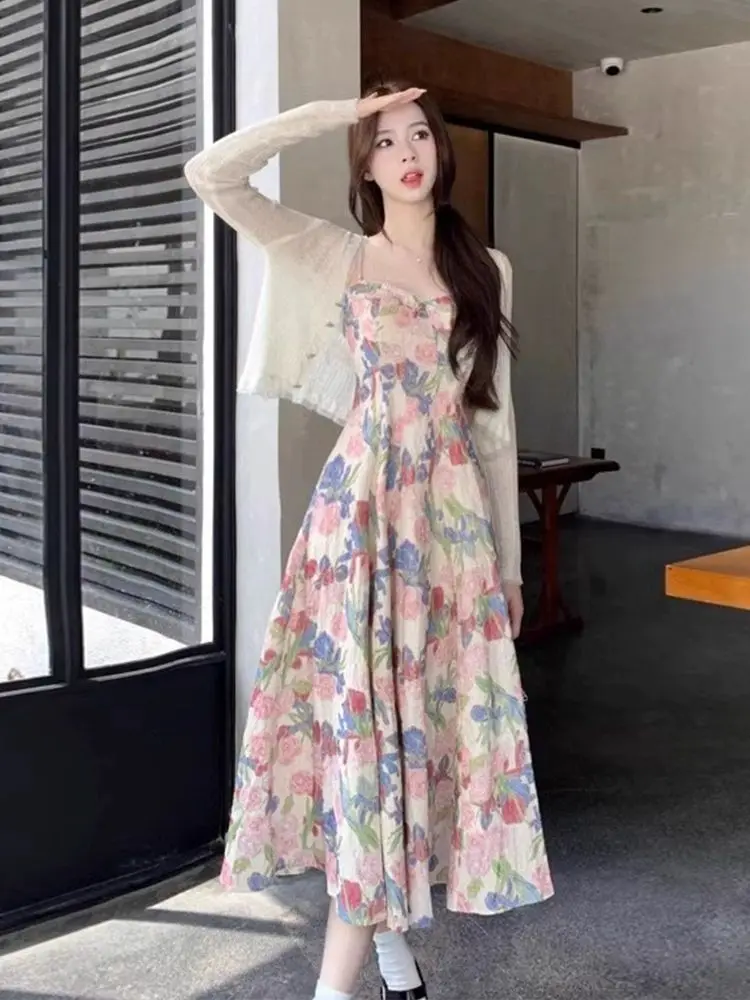

Korea Dress Two Piece Set Suspender Dress Women Style Vintage Summer Floral Chic Sexy Vestidos Sundress
