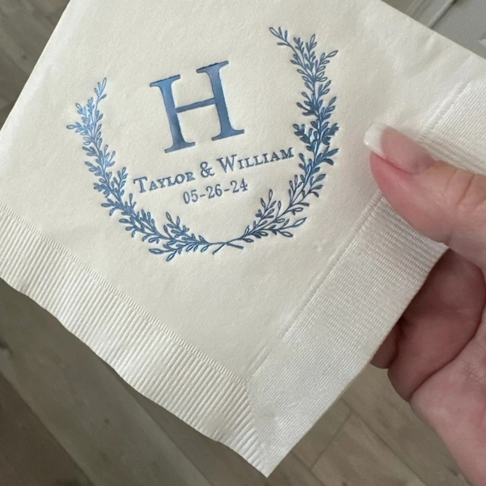 

50pcs Personalized Wedding Napkins Custom Laurel Wreath Decorative Wreath Beverage Cocktail Luncheon Dinner Guest Towels Availab