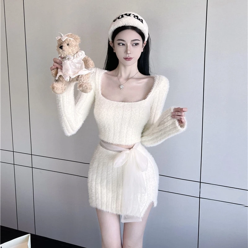 

Korean Sweater Suits Woman Sweet 2 Pcs Set Party Y2k Mini Dress Square Collar Knit Top + High Waist Split Wrap Hip Short Skirts