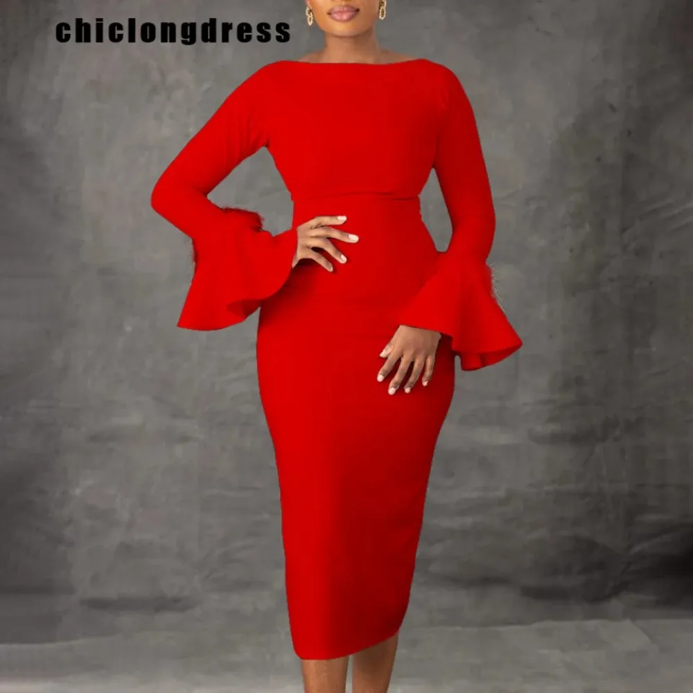 

Women's Monochromatic Flare Sleeves Pencil Dress, Elegant OL, Round Neck, Slim Dress, Autumn Fashion, 2024