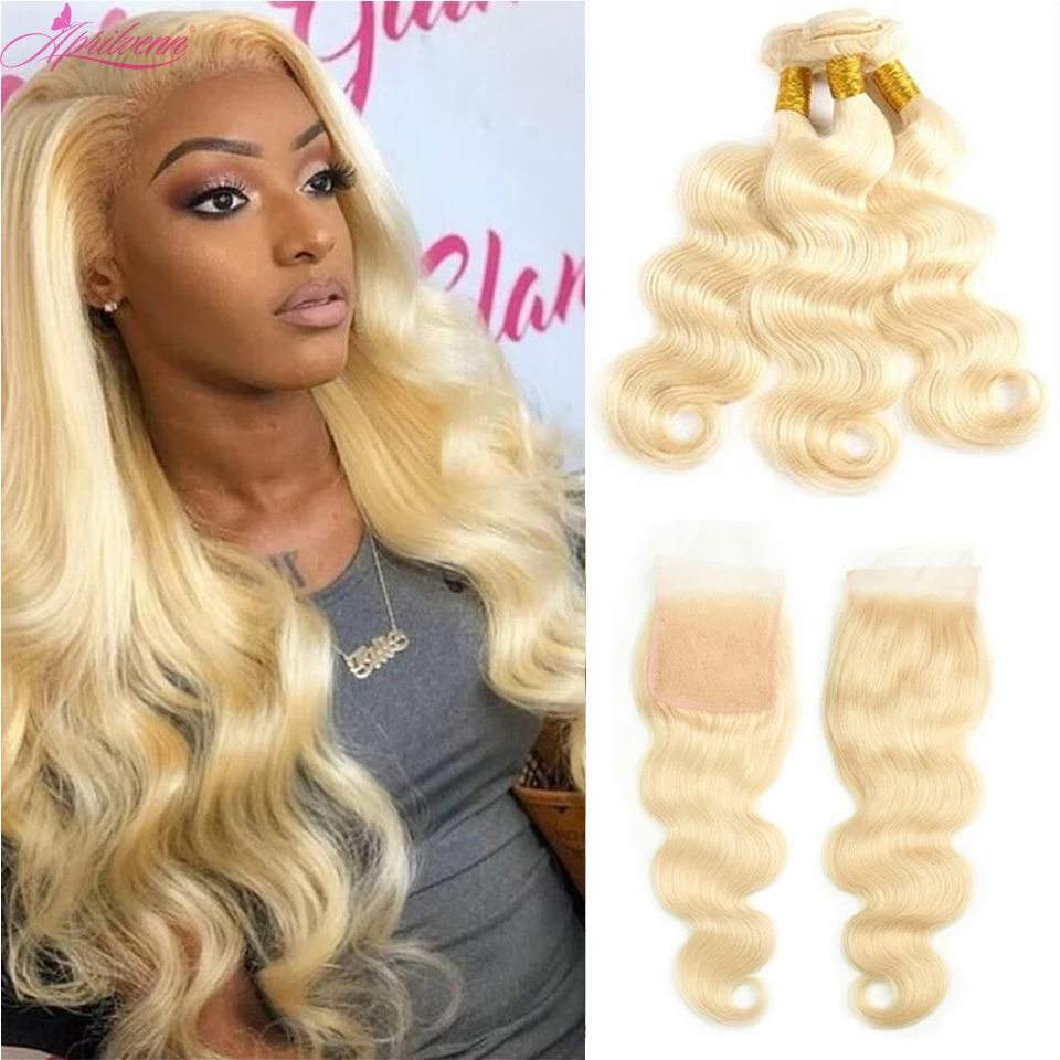 

Aprilvenn Body Wave 613 Bundles With 4x4 Closure Brazilian Human Hair Weave Honey Blonde Lace Closure Blonde 3 Bundles Wigs