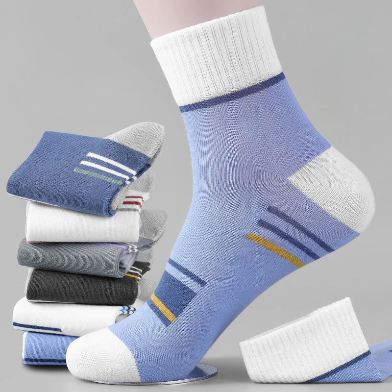 

5 Pair Men Mid-calf Socks New Sweat Breathable Anti-odor Sports Colorful Striped Socks Spring and Summer Casual Sports Socks
