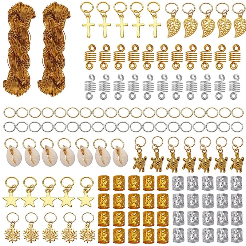 

200 Pieces Hair Jewelry Rings with 2 Roll Metallic Cord Aluminum Dreadlocks Braid Beads Cuffs Metal Hair Accessories Decoration