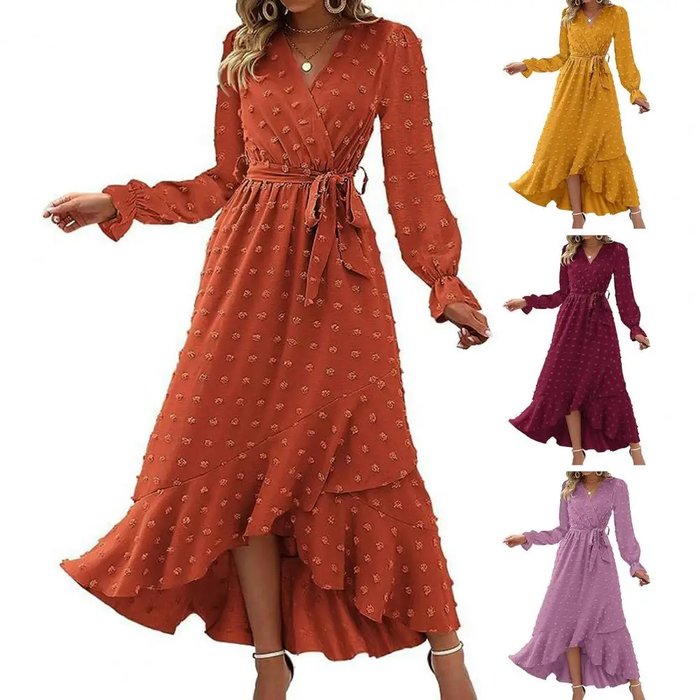 

Женское платье с аппликацией в горошек, однотонное платье с V-образным вырезом и поясом, облегающее Платье трапециевидного силуэта с высокой талией, богемный цветочный подол, весна-осень