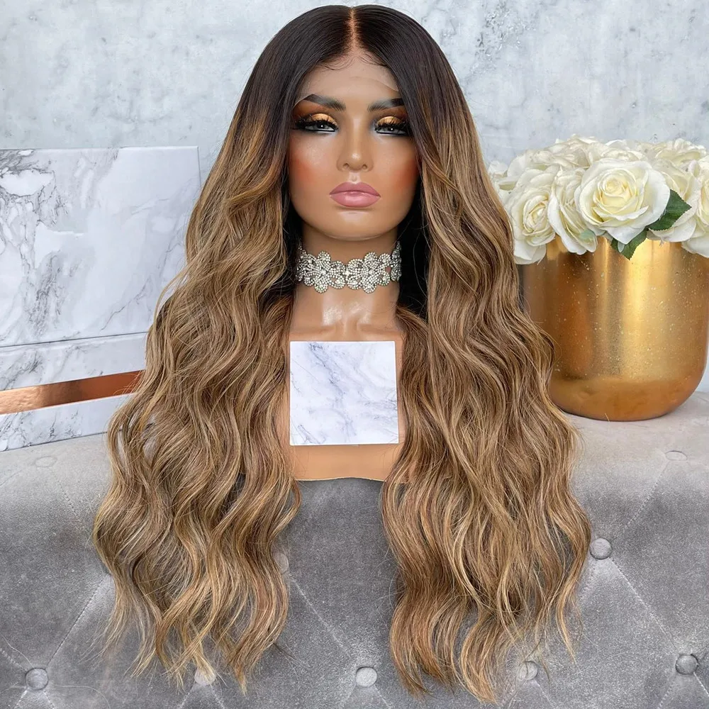 

Glueless 13x4 Ombre Brown Highlights with Dark Roots 13x6 HD Lace Frontal Human Hair Wigs for Women Pre plucked Natural Wave Wig
