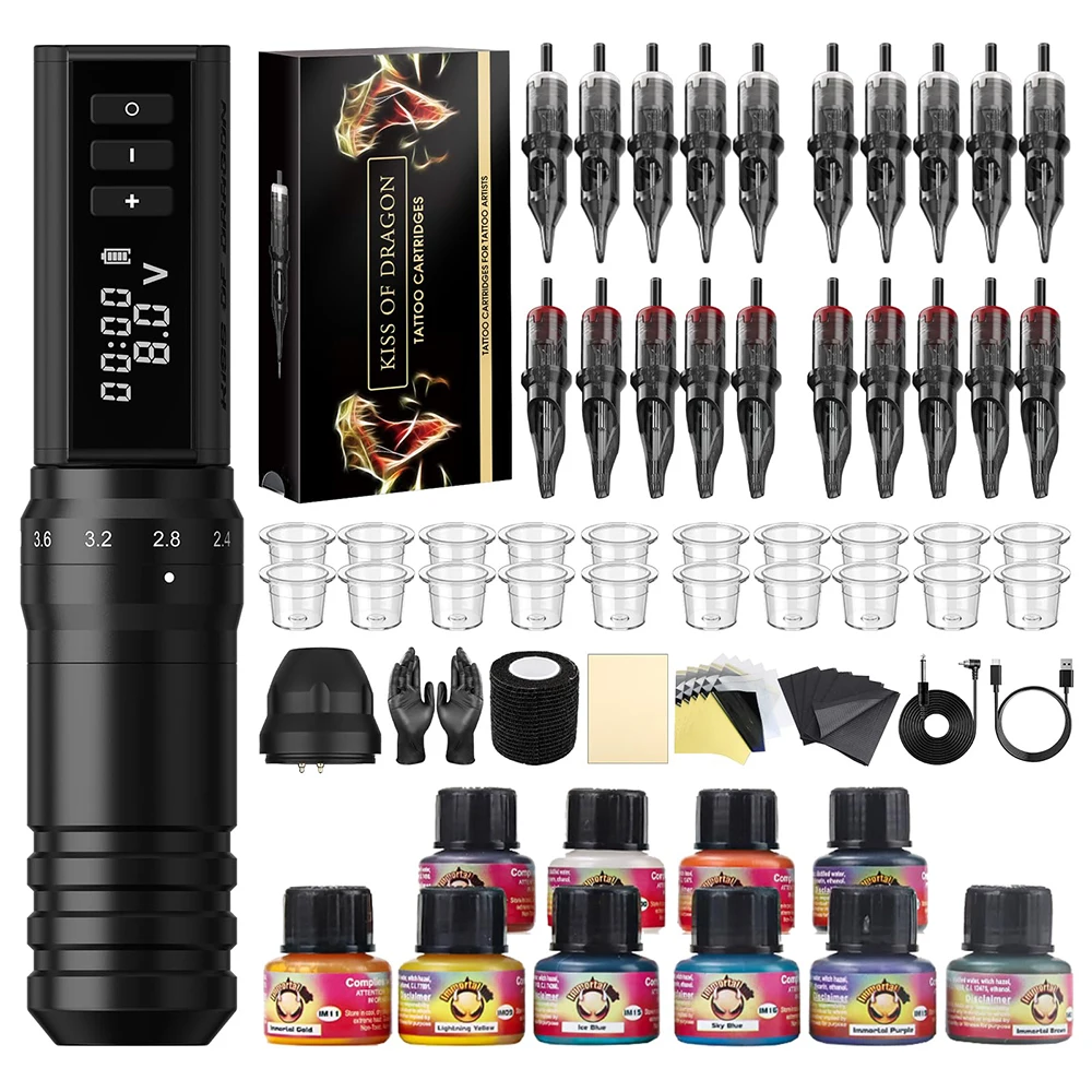 

Kiss of Dragon-Complete Tattoo Machine Kit with 6 Stroke Length 20pcs Cartridge Needles 2400mAh Wireless Battery Rotary Gun