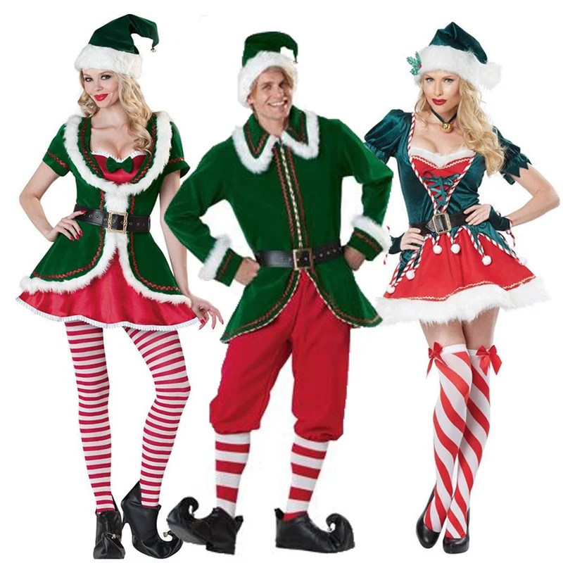 

Adult Men and Women Christmas Santa Claus Cosplay Costume Green Christmas Elf Couple Cosplay Carnival Party Fancy Dress Outfit