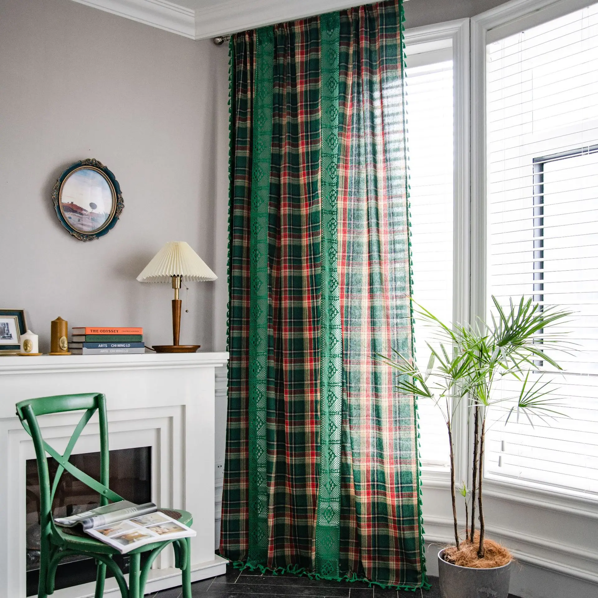 

Classic retro green grid patchwork color woven American style curtains, finished kitchen curtains, bay window curtains, semi sha