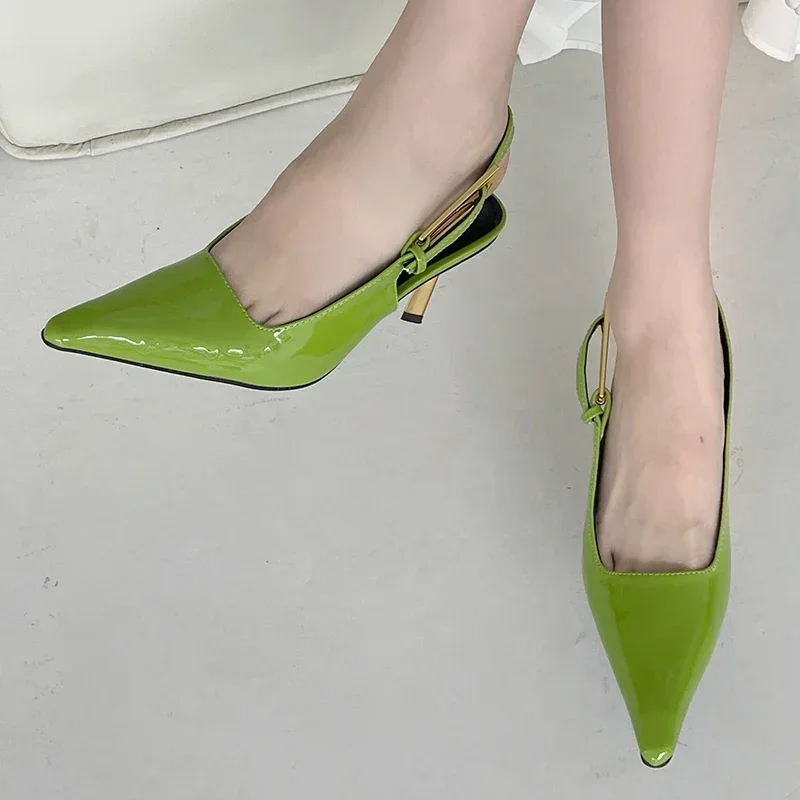 Patent Leather Green Women Pumps Sexy Pointed Toe Metal Buckle Strap Thin High Heels Summer Elegant Slingbacks Heeled Sandals 47 S74c912942ff44e0dbb6ba7b93640f983L
