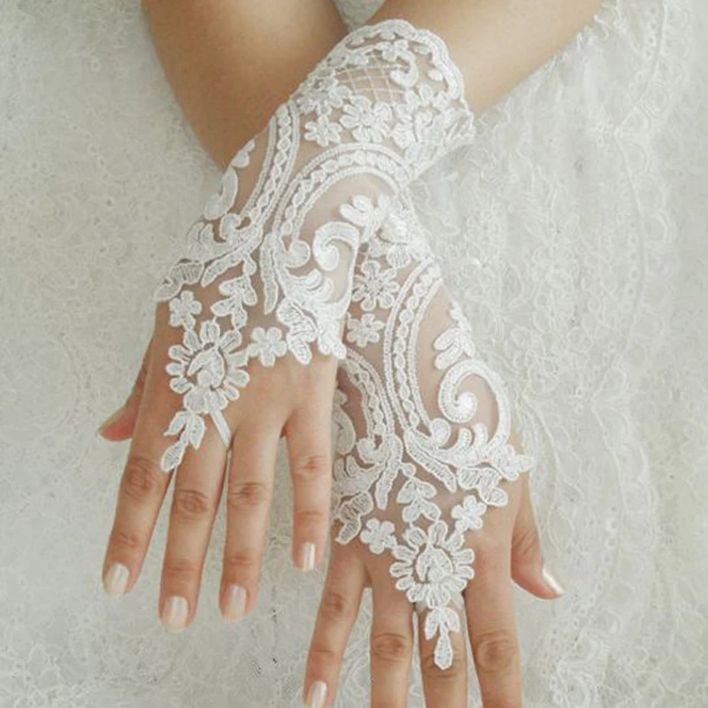 

Ladies Bridal Lace Gloves Short Fingerless Ivory White Flower Guant Mittens Black Transparent Vintage Wedding Accessories