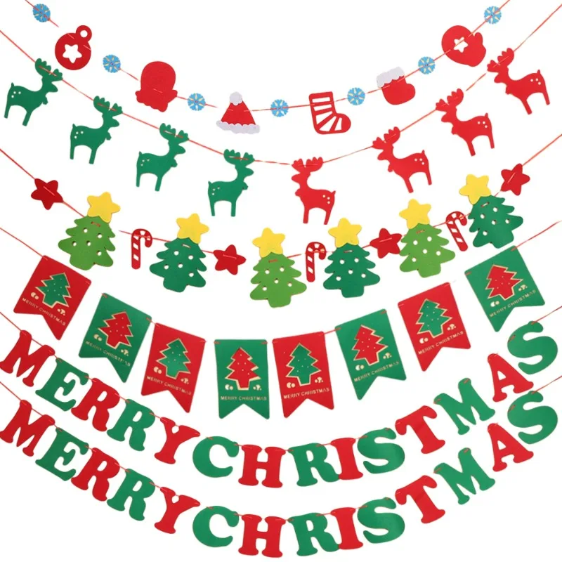 

Merry Christmas Banner Hanging Ornaments Festive Garland Flags New Year Party Home Decoration Xmas Tree Santa Elk Felt Pull Flag