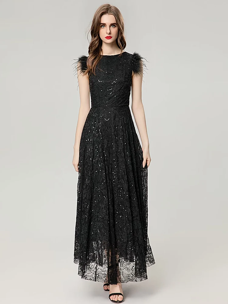 

Runway New Women's Summer High Quality Fashion Party Black Lace Sequin Feather Gorgeous Pretty Birthday Classic Vest Long Dress