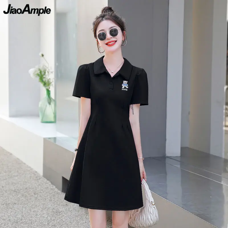 

2024 Summer Women's Sporty Black Polo Collar Mini Dress Lady Cute Embroidery Cartoon Bear Short Sleeve Dresses New Run Clothing