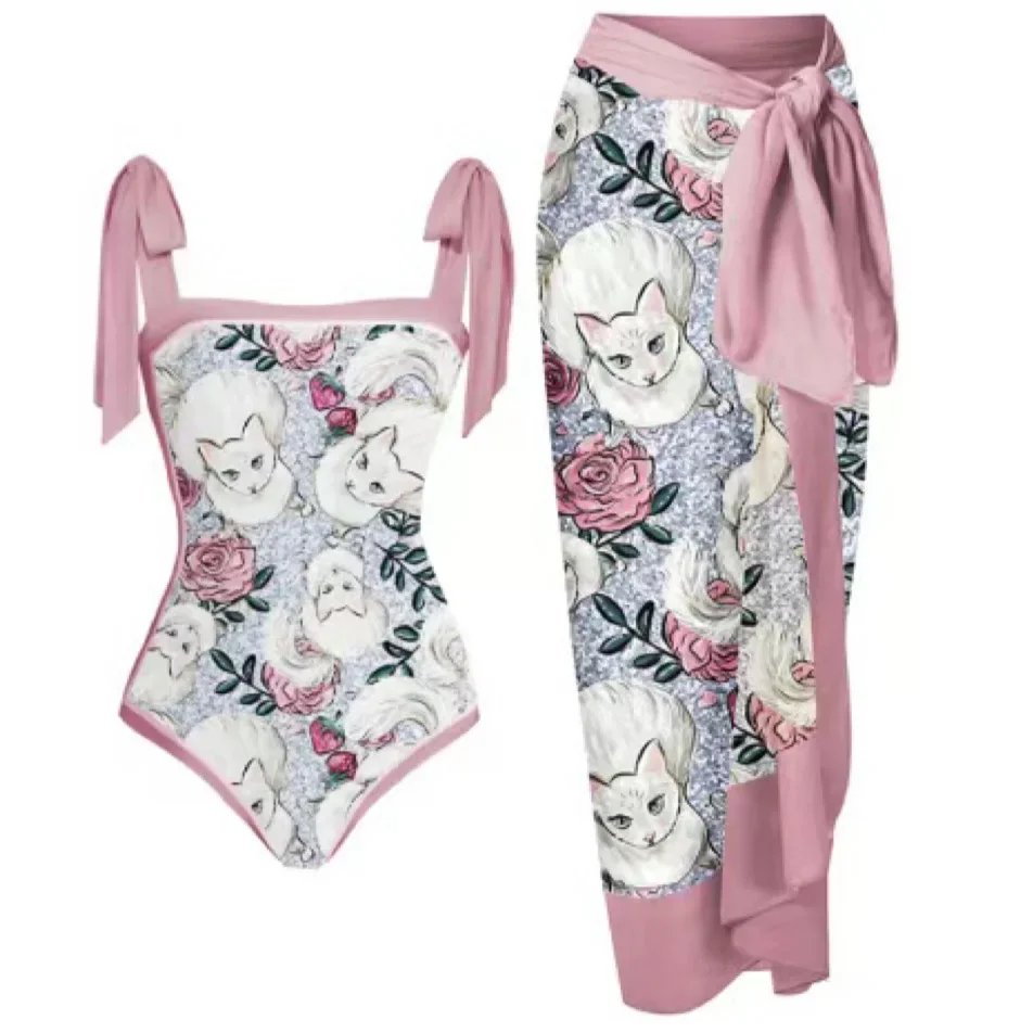 

2023 женский купальник, купальник из двух частей с принтом кота, розовый, цельный костюм из двух частей, летняя пляжная одежда, Прямая поставка в Бразилию