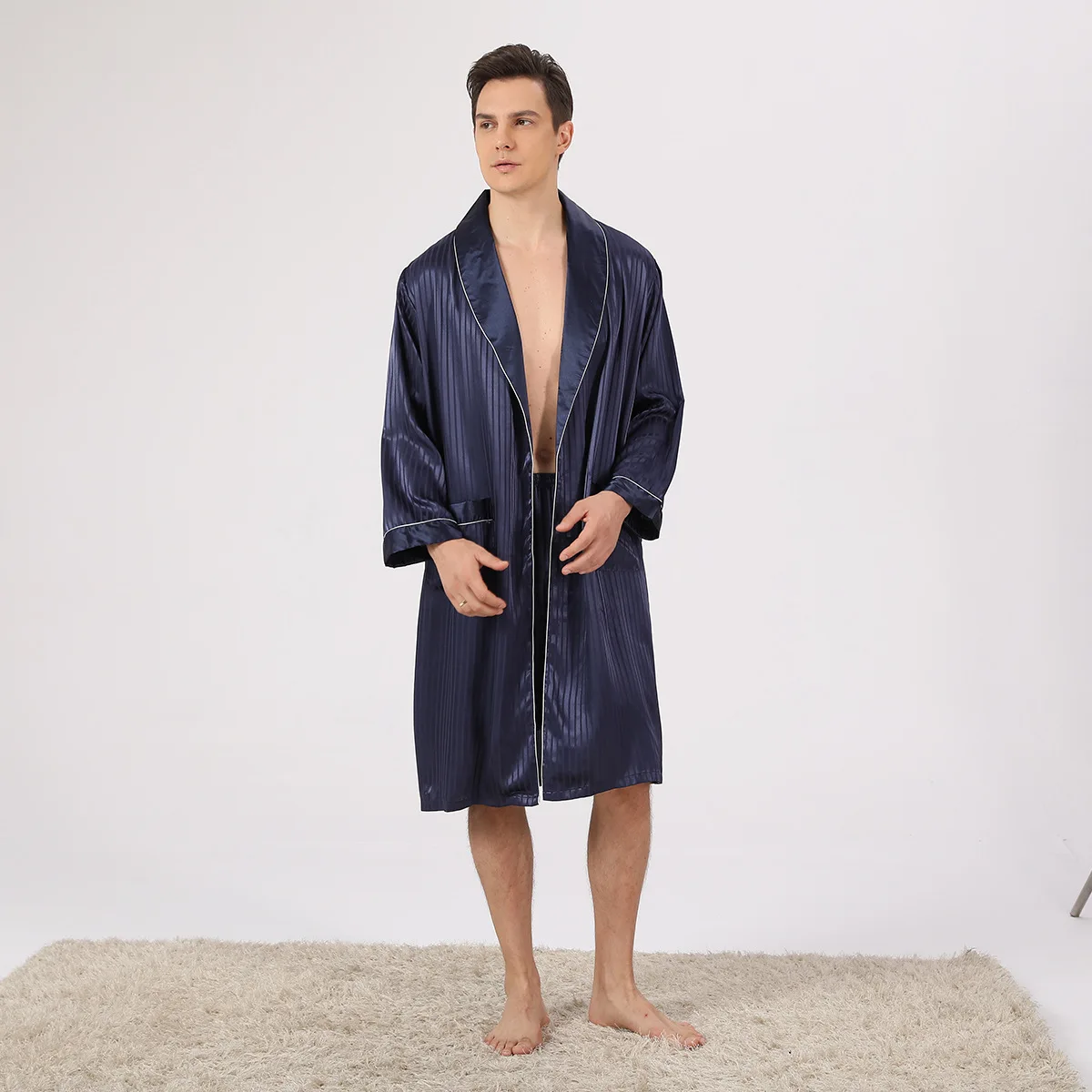 Sleepwear Men's Satin Robe Kimono Long Blue Striped Bathrobe Pajamas Nightgown Home Clothing
Sleepwear Men's Satin Robe Kimono Long Blue Striped Bathrobe Pajamas Nightgown Home Clothing