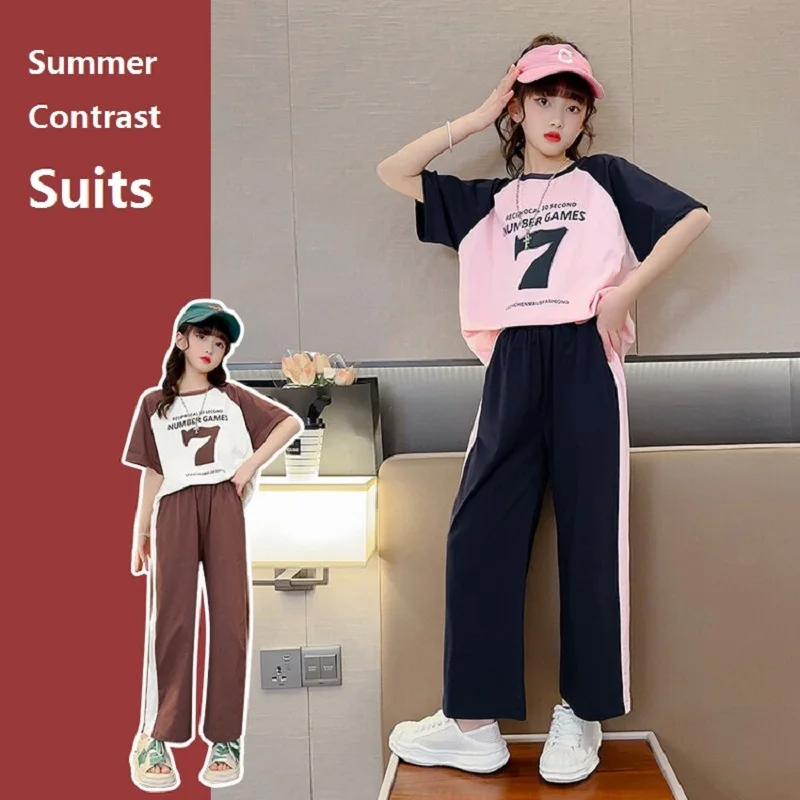 Summer Girls Contrast Alphabet Short-Sleeved T-shirt Tops+Loose Pants Set School Kids Tracksuit Child 2PC Outfit Suit 3-16Years
Summer Girls Contrast Alphabet Short-Sleeved T-shirt Tops+Loose Pants Set School Kids Tracksuit Child 2PC Outfit Suit 3-16Years