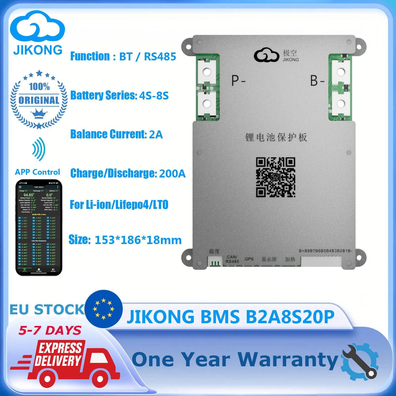

JIKONG JKBMS Smart Active Balance 2A Current 100A 200A Charge for 3S~8S Lifepo4 Li-Ion Battery with Bt App Can Rs485 Jk Bms
