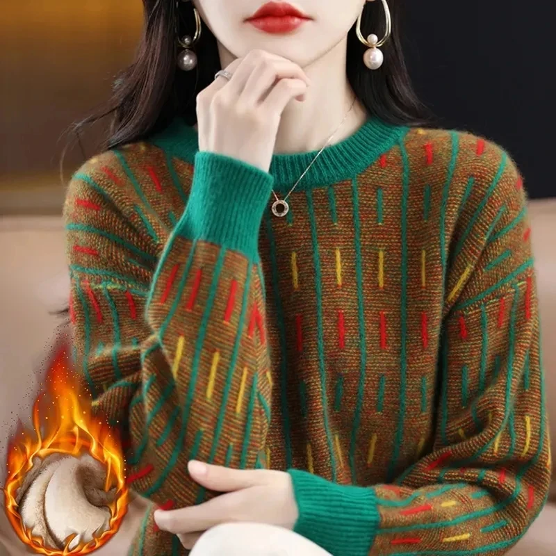 

Осенне-зимние Новые свитера, женские пуловеры, корейские свободные трикотажные топы с круглым вырезом и длинным рукавом, Повседневная утепленная трикотажная одежда, женский джемпер