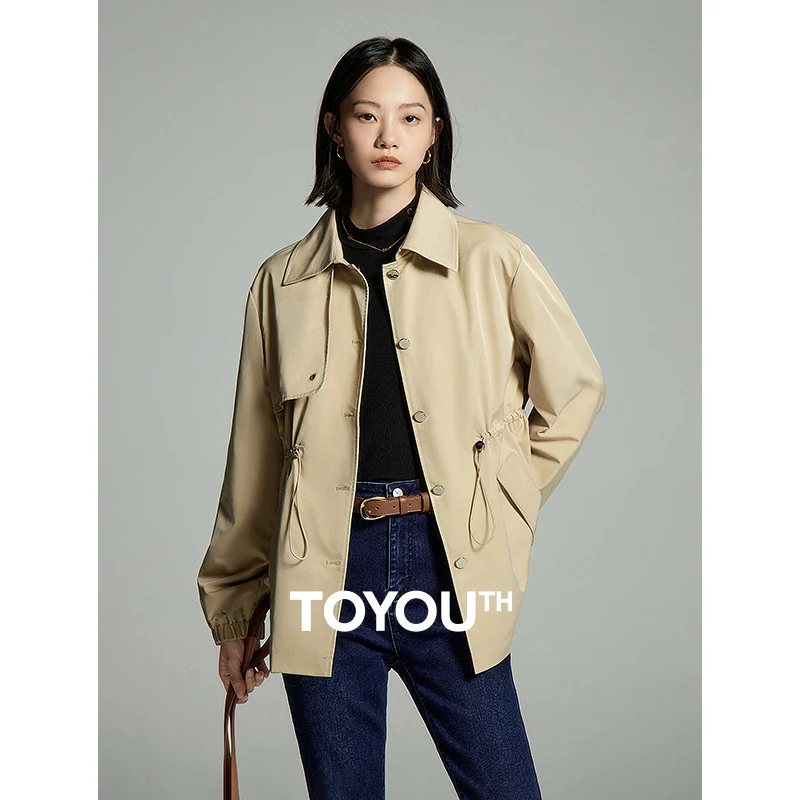 

Toyouth Women Windbreaker 2023 Autumn Long Sleeve Polo Neck Loose Trench Coat Drawstring waistband Fashion Vintage Khaki Jacket