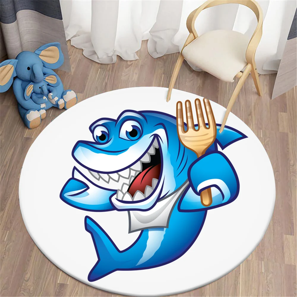 

CLOOCL Round Rug Flannel Home Decor Cartoon Funny Shark One-sided Printing Children's Anti-skid Mute Floor Mat Area Carpet