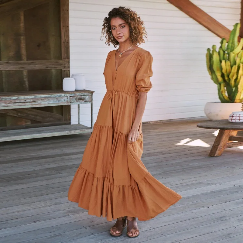 Women's Long Skirt Summer A-Line Bohemian Long Skirt V-Neck Half Sleeve Elegant Collar Buckle Elegant High-End Dress
Women's Long Skirt Summer A-Line Bohemian Long Skirt V-Neck Half Sleeve Elegant Collar Buckle Elegant High-End Dress
