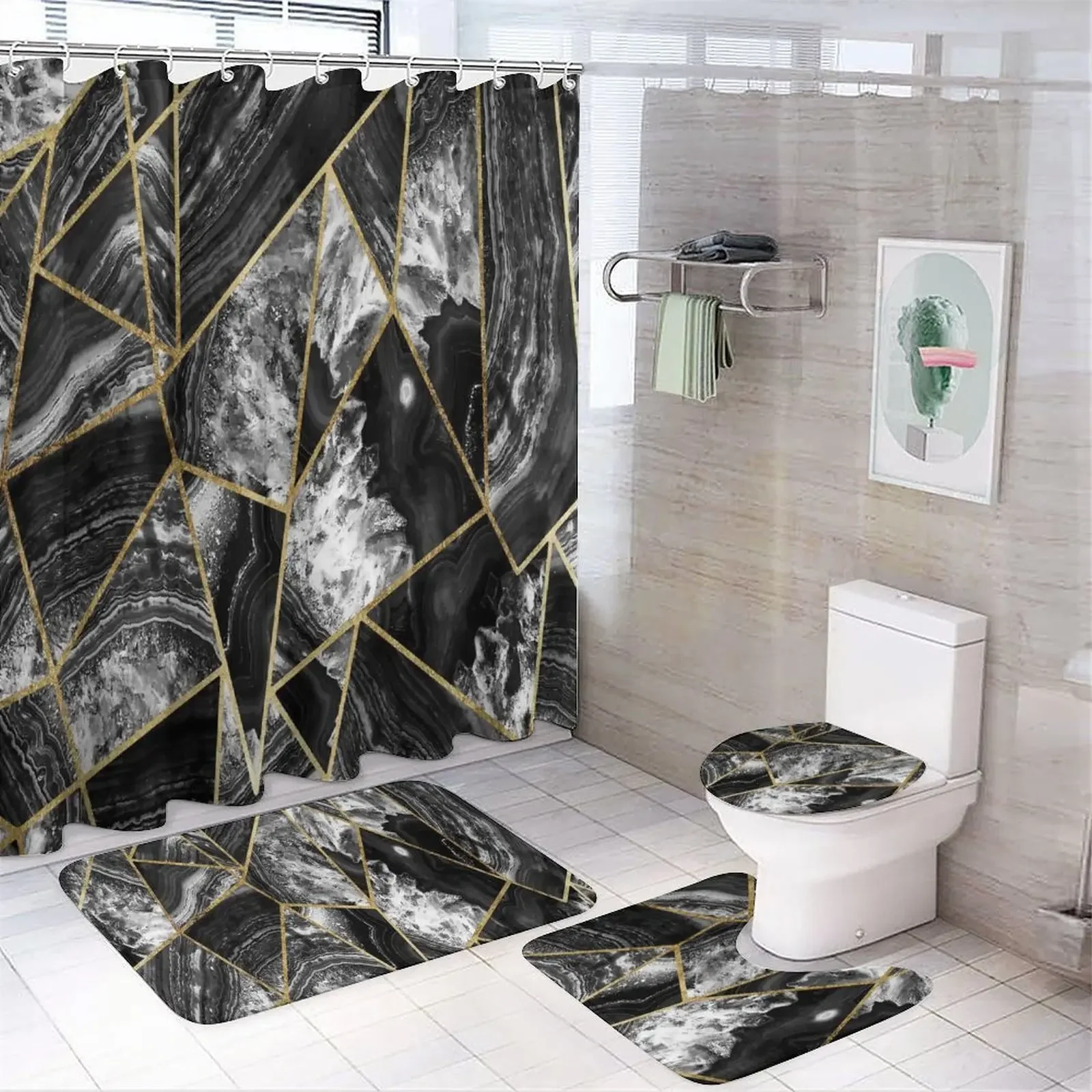 

Black marble print shower curtain Modern non-slip carpet shower curtain Waterproof polyester home decor 180x180