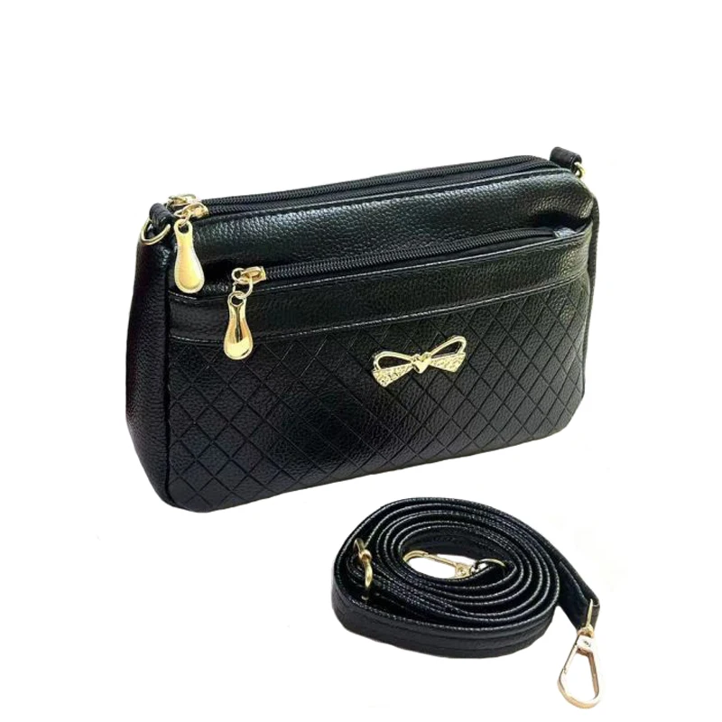 

Fashion Bow Women Shoulder Bags Excellent PU Leather Small Handbag Purse Grid Embossed Crossbody Bag Double-layer Zip Clutch Bag