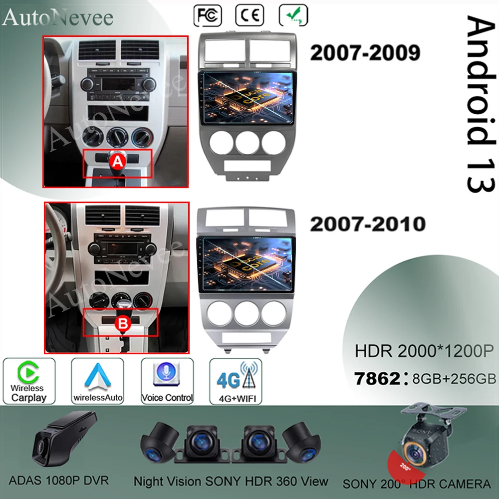 

7862 Android 13 For Dodge Caliber Jeep Compass 1 MK Patriot 2006 - 2010 Car Radio Video Carplay Touch QLED Screen GPS No 2Din BT