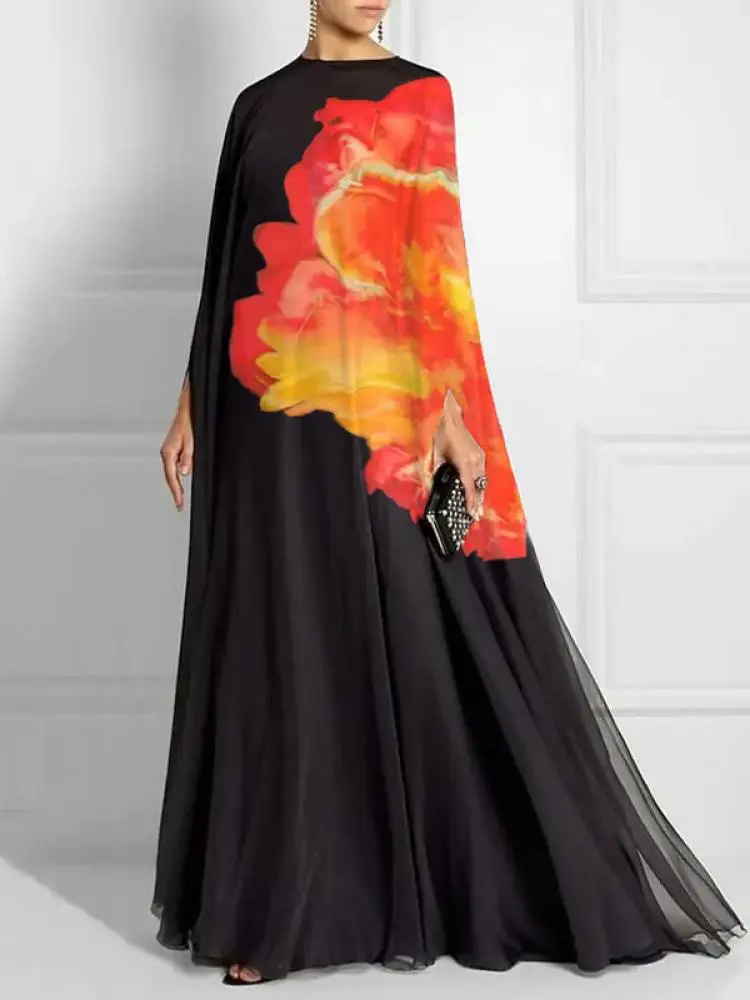 

Krismile Elegant Batwing Sleeves Loose Floral Printed Party Evening Dress Womens Elegant Round-Neck Floor-Length Dresses