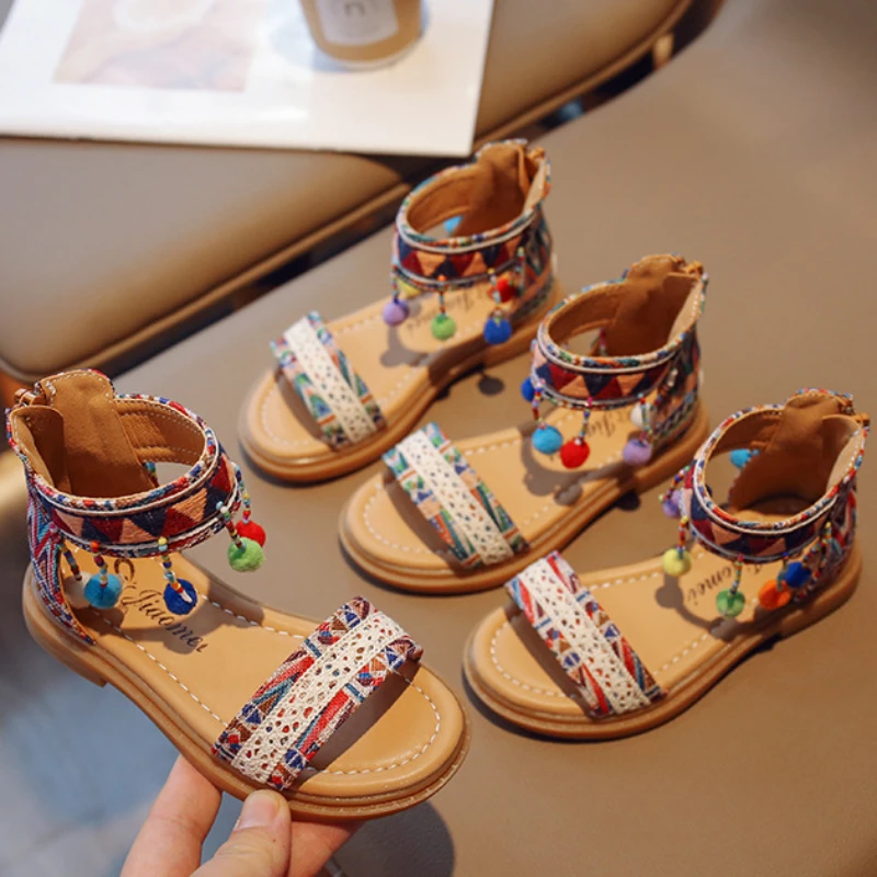 

Girls Sandals Summer New Ethnic Style Princess Roman Sliders Kids Tassel Bohemia Style Flats Footwear Size 23-35