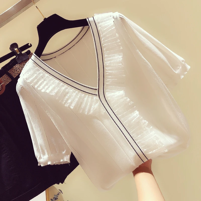 Knitted Chiffon Patchwork Women Blouse Solid Summer New 2024 V-Neck Elegant Office Lady Pulls Tops
Knitted Chiffon Patchwork Women Blouse Solid Summer New 2024 V-Neck Elegant Office Lady Pulls Tops