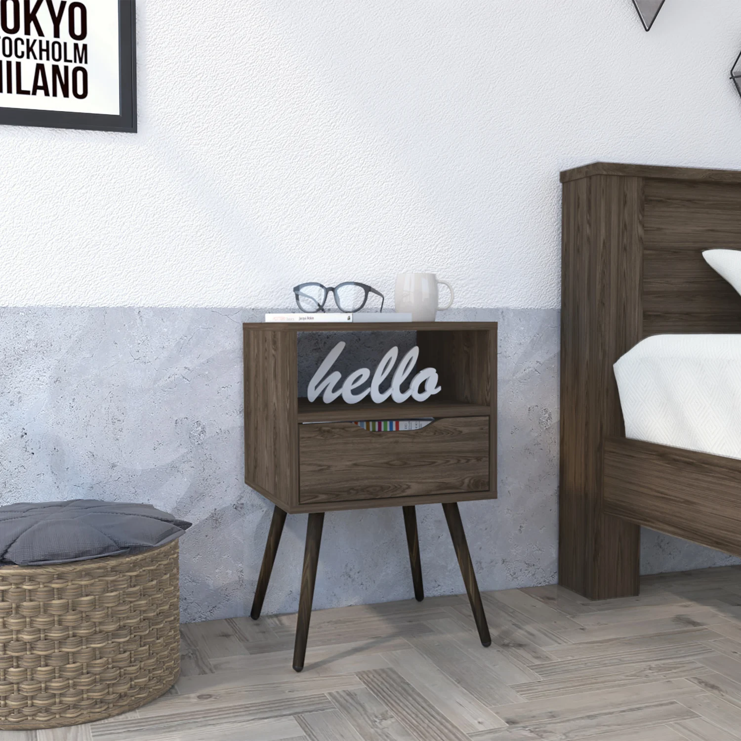 

Темный орех Haverson тумбочка с 1 ящиком и 1 полкой-стильная мебель для спальни для организации и хранения-Moder