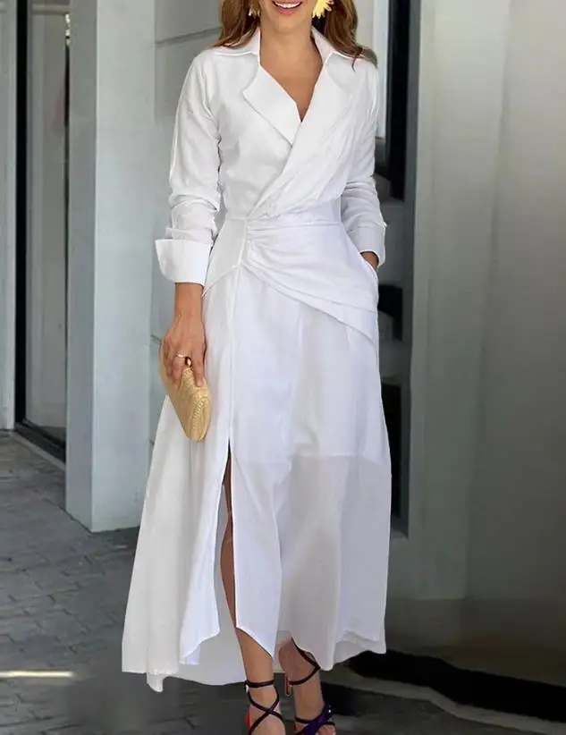 Womens Dresses 2023 Spring Fashion Ruched Slit Asymmetrical Casual Notched Collar Plain Long Sleeve Semi-Sheer Maxi Daily Dress
Womens Dresses 2023 Spring Fashion Ruched Slit Asymmetrical Casual Notched Collar Plain Long Sleeve Semi-Sheer Maxi Daily Dress
