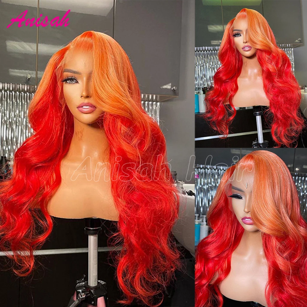 

Orange/Red Colored Body Wave 13x4 Ombre Two Tone Transparent Lace Frontal Human Hair Wigs With Baby Hair Pre Plucked For Women