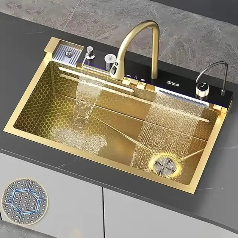 Golden Stainless Steel Kitchen Sink Double Waterfall Sink Digital Display Embossed Large Single Slot Multi-functional Wash Basin 
Golden Stainless Steel Kitchen Sink Double Waterfall Sink Digital Display Embossed Large Single Slot Multi-functional Wash Basin