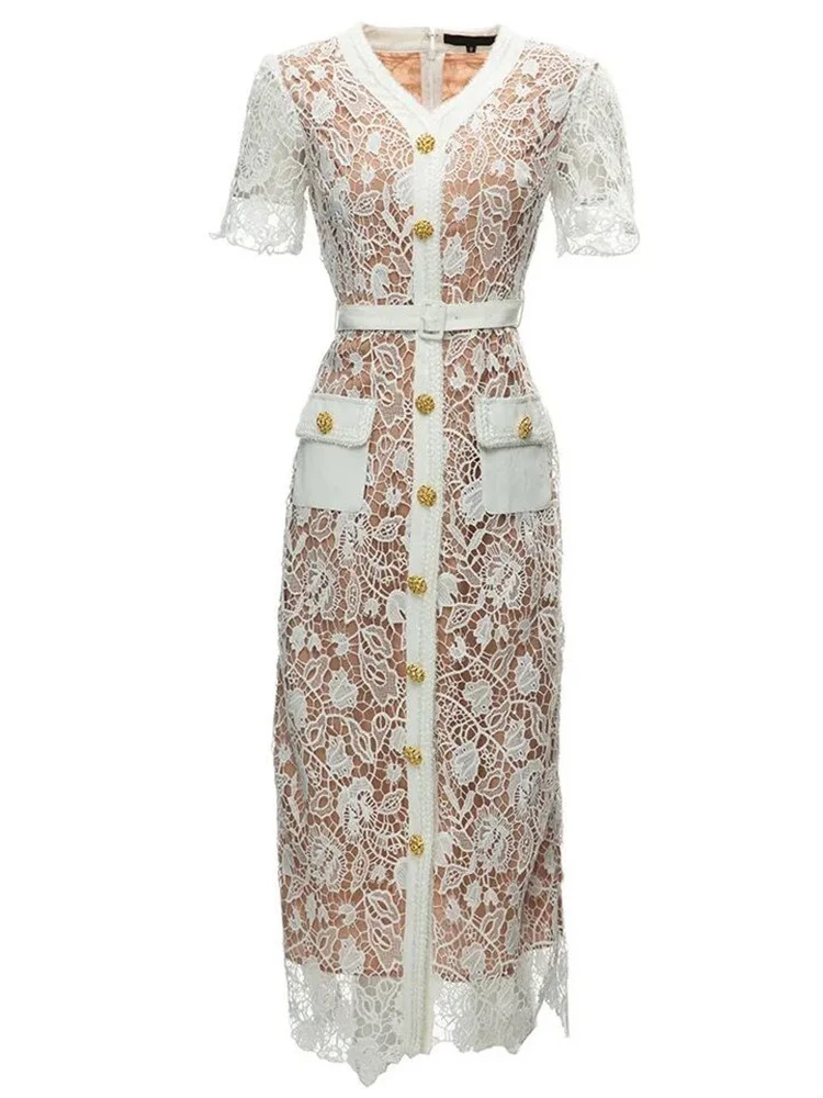 Prom Midi White Lace Dress Women 2023 Summer Runway Flower Embroidery V Neck Golden Buttons Pocket Belt Bodycon Vestidos Party
Prom Midi White Lace Dress Women 2023 Summer Runway Flower Embroidery V Neck Golden Buttons Pocket Belt Bodycon Vestidos Party