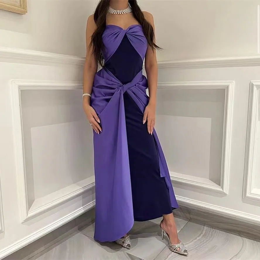 

Splice Color Prom Dresses Sweetheart Robes De Cocktail Party Women Wear Ruched Ankle Length Sheath Evening Gowns