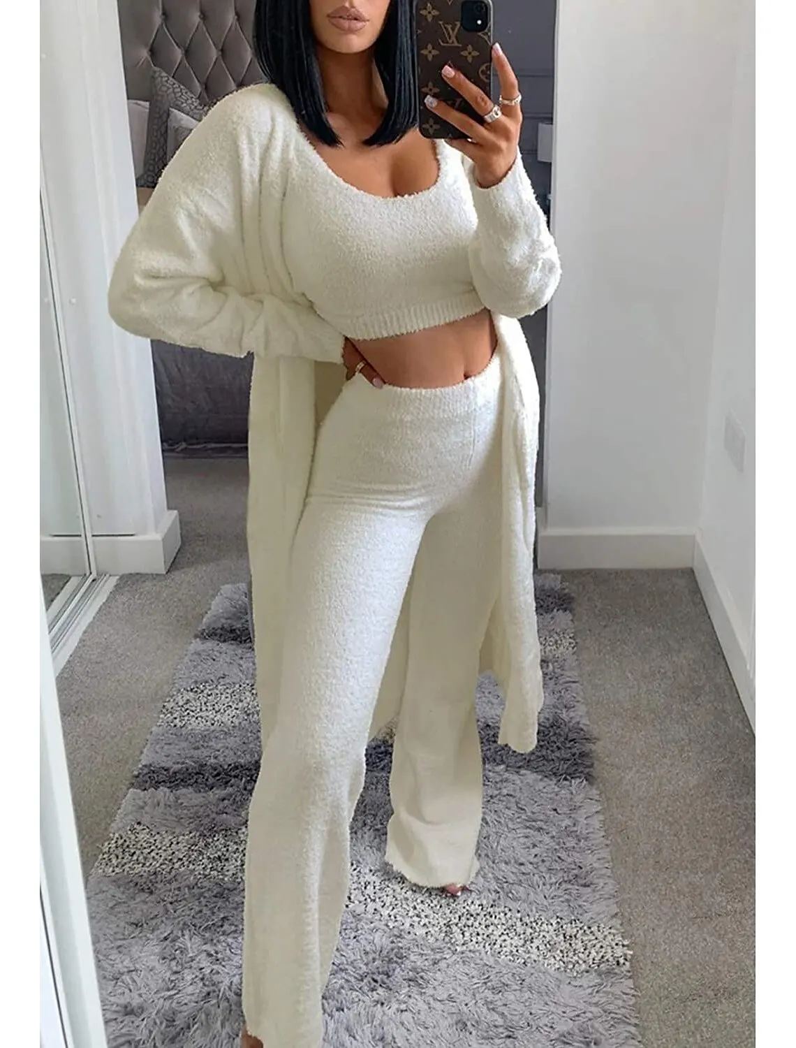 Woman Knitted Three Piece Set Long Cardigan and Crop Top and Wide Leg Pants Casual Loungewear for Autumn Winter 11 S74ee3a03a0654199b9a88482f548d994B