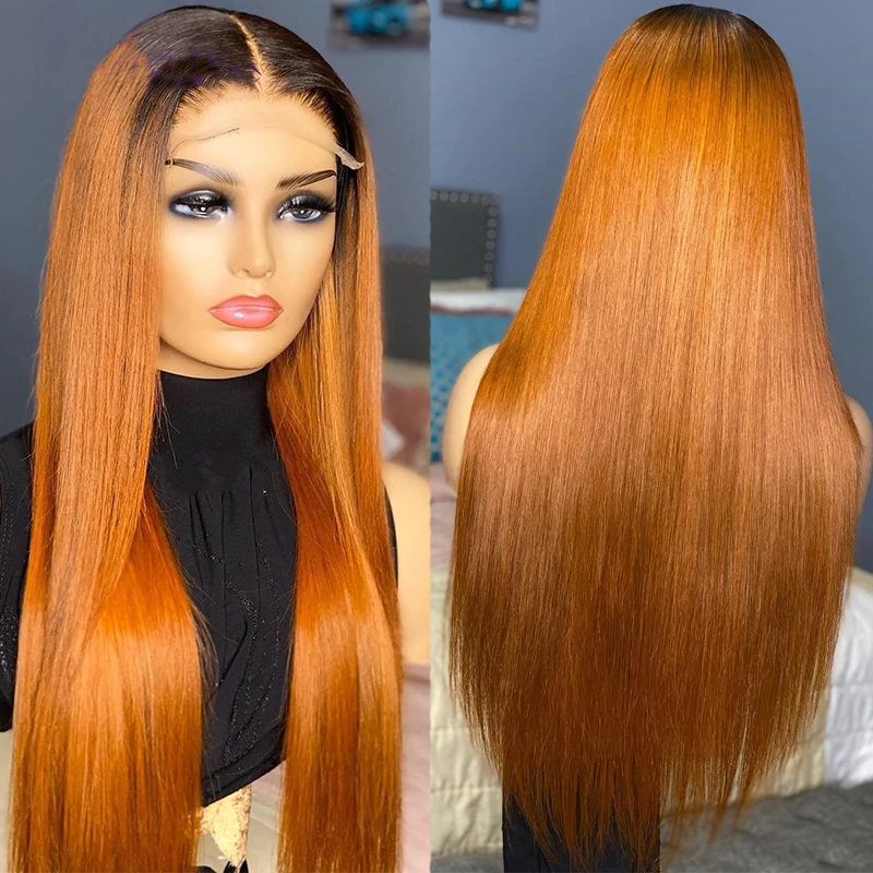 

Preplucked 26Inch 180%Density Long Ombre Orange Silky Straight Lace Front Wig For Women Baby Hair Heat Resistant Glueless Daily