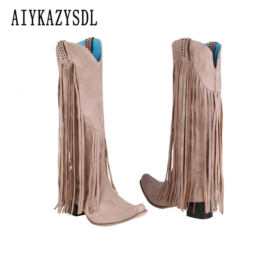 

AIYKAZYSDL Plus Size Tassel Fringe Bohemia Boho Faux Suede Boots Girfriend Ethnic Cuban Low Heel Booties Shoes Knight Boots