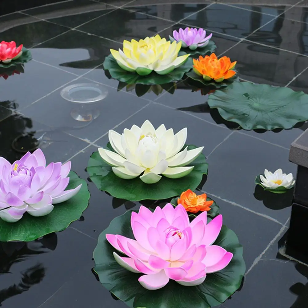 

18CM/28CM Simulate Water Lily with 2-layer Flower Petals Water Lily Leaves Fish Tank Pool Decoration mini Solar Fountain Round