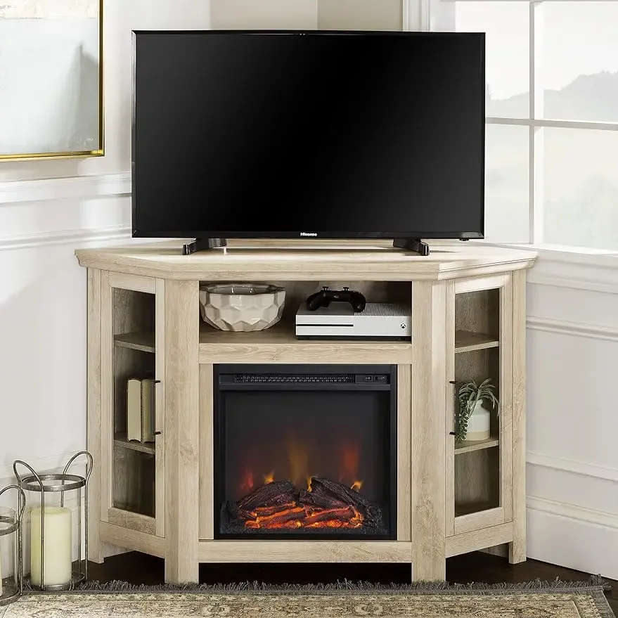 

Classic Glass Door Fireplace Corner TV Stand for TVs up to 55 Inches, 48 Inch,Adjustable Shelves, White Oak