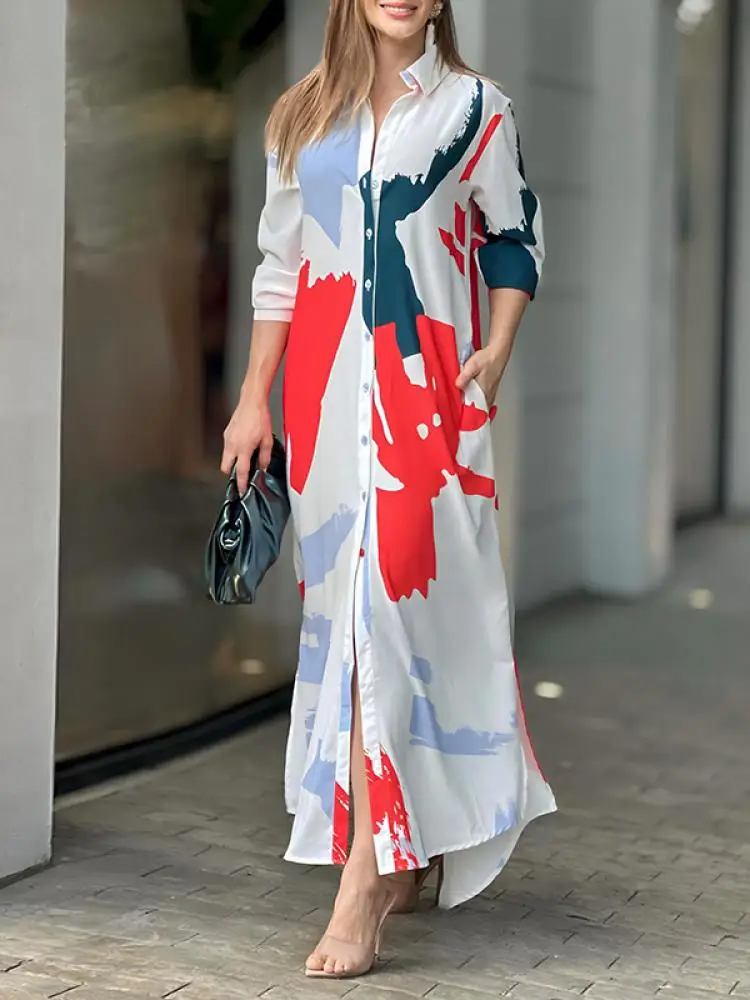 

Yeezzi Female Stylish Printed Long Sleeves Lapel Collar Shirts Dress 2023 Spring Autumn Loose Casual Party Evening Maxi Dresses